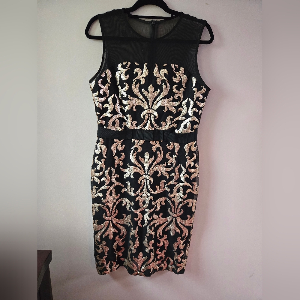 The Limited Black & Gold Sequin Damask Illusion Sheath Dress - Size 12
